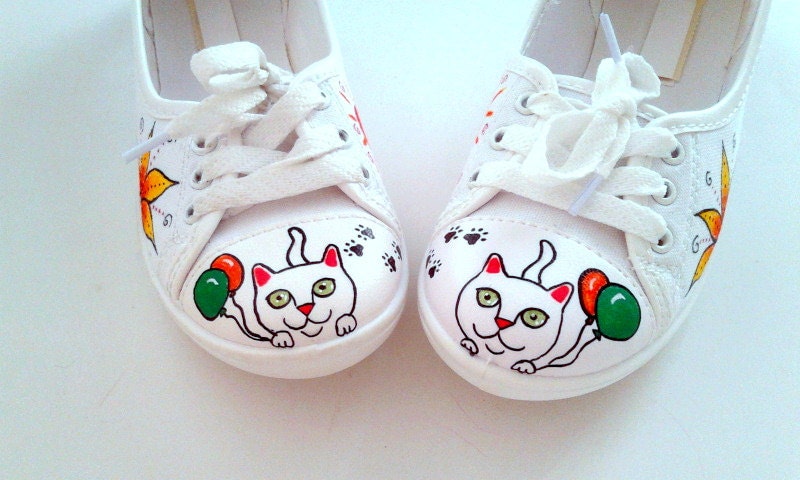 Hand Painted Pumps / Sneakers - Kitty Loves balloons Whimsical design - UK 4/ US 6.5 /EU 37