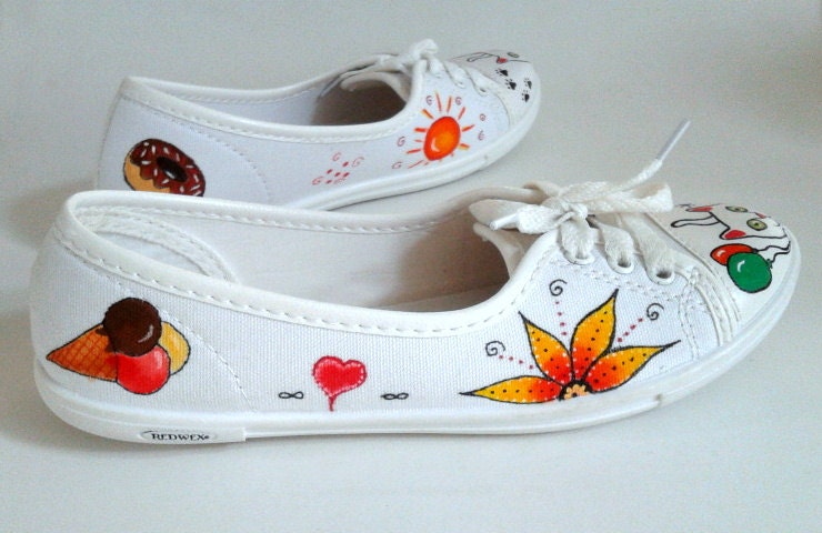 Hand Painted Pumps / Sneakers - Kitty Loves balloons Whimsical design - UK 4/ US 6.5 /EU 37