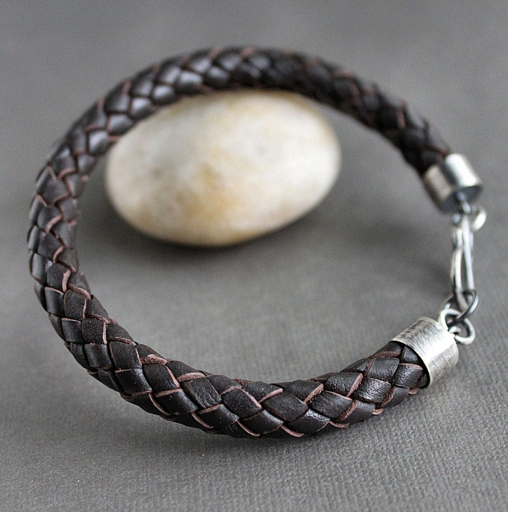 Mens Braided Leather Bracelet Sterling Silver Brown