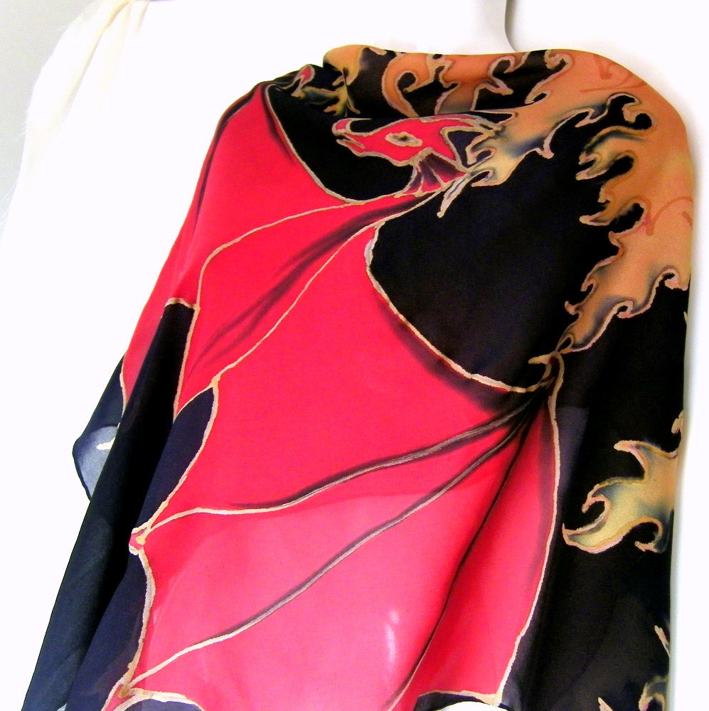 Hand Painted Silk Scarf Red Dragon Fire Flames Black Orange Goth Fantasy Georgette