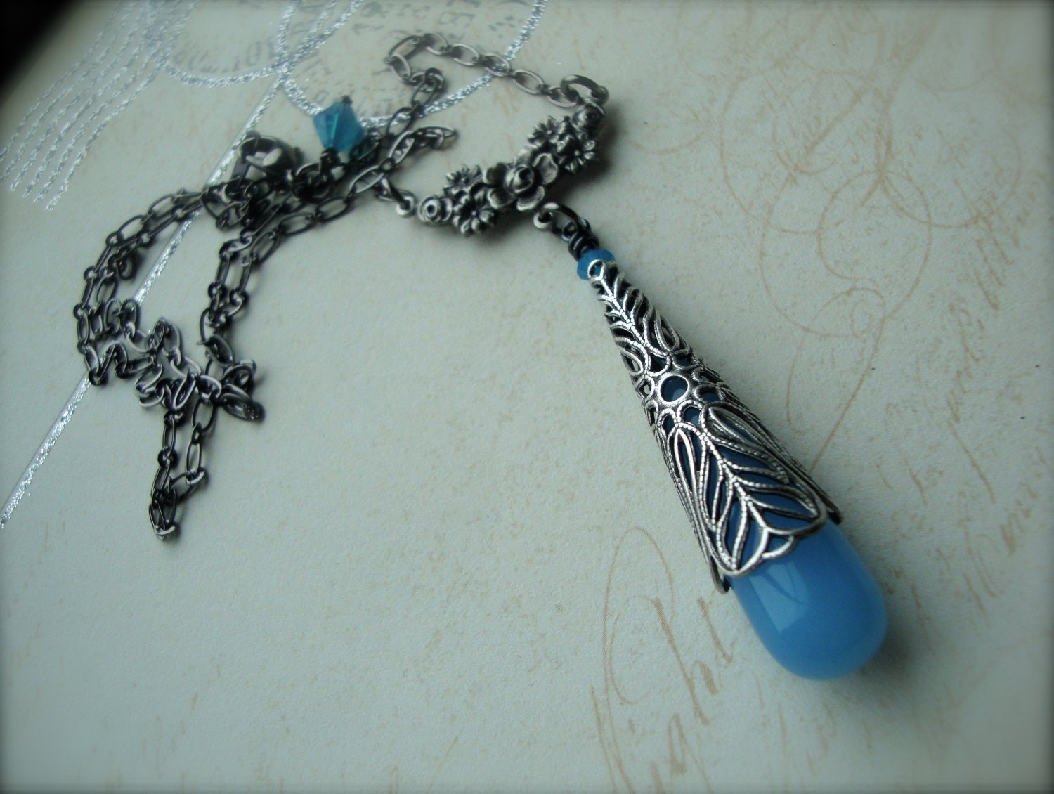 IN FULL BLOOM - Victorian Inspired Caribbean Blue Opal Pendant Drop Necklace in Antiqued Silver Filigree Milky Ocean Blue Faux Quartz