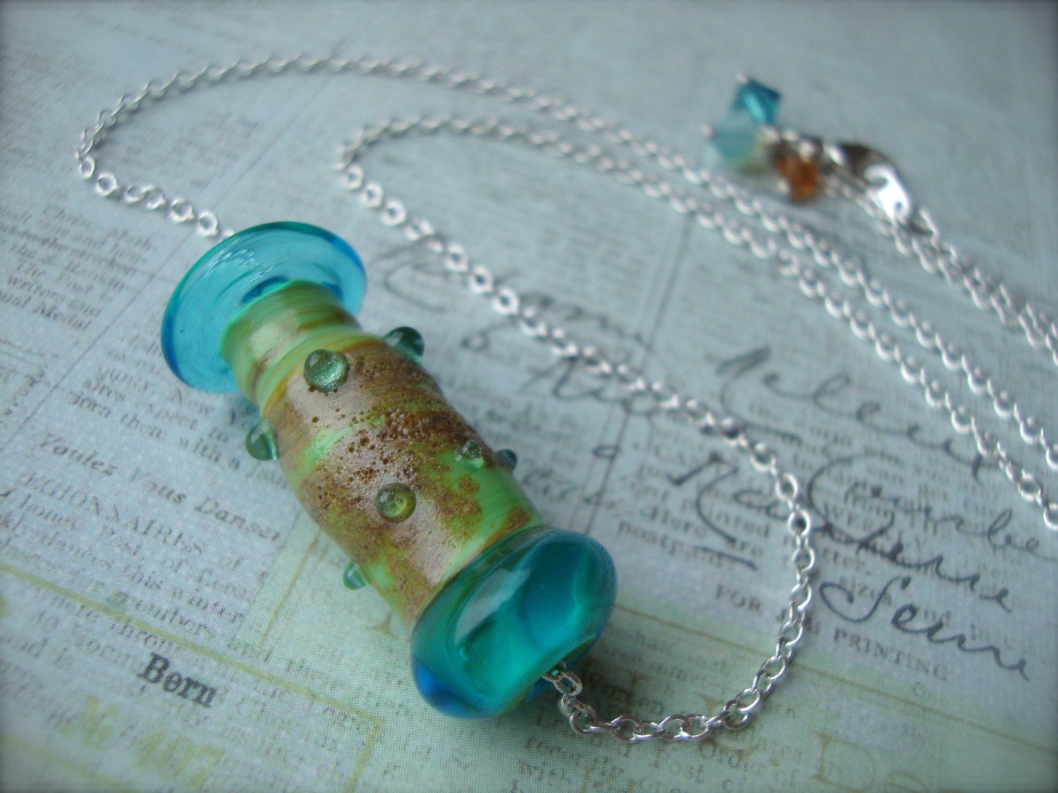 SEA URCHIN - Artisan Crafted Lampwork Glass Bead Necklace with Swarovski Crystal Accents Turquoise Seafoam Green Sand Beige Ocean Blue