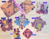 Wolverine, Magneto, Sabretooth, x-men Comic book recycled comics jewelry pins, necklace,  harms