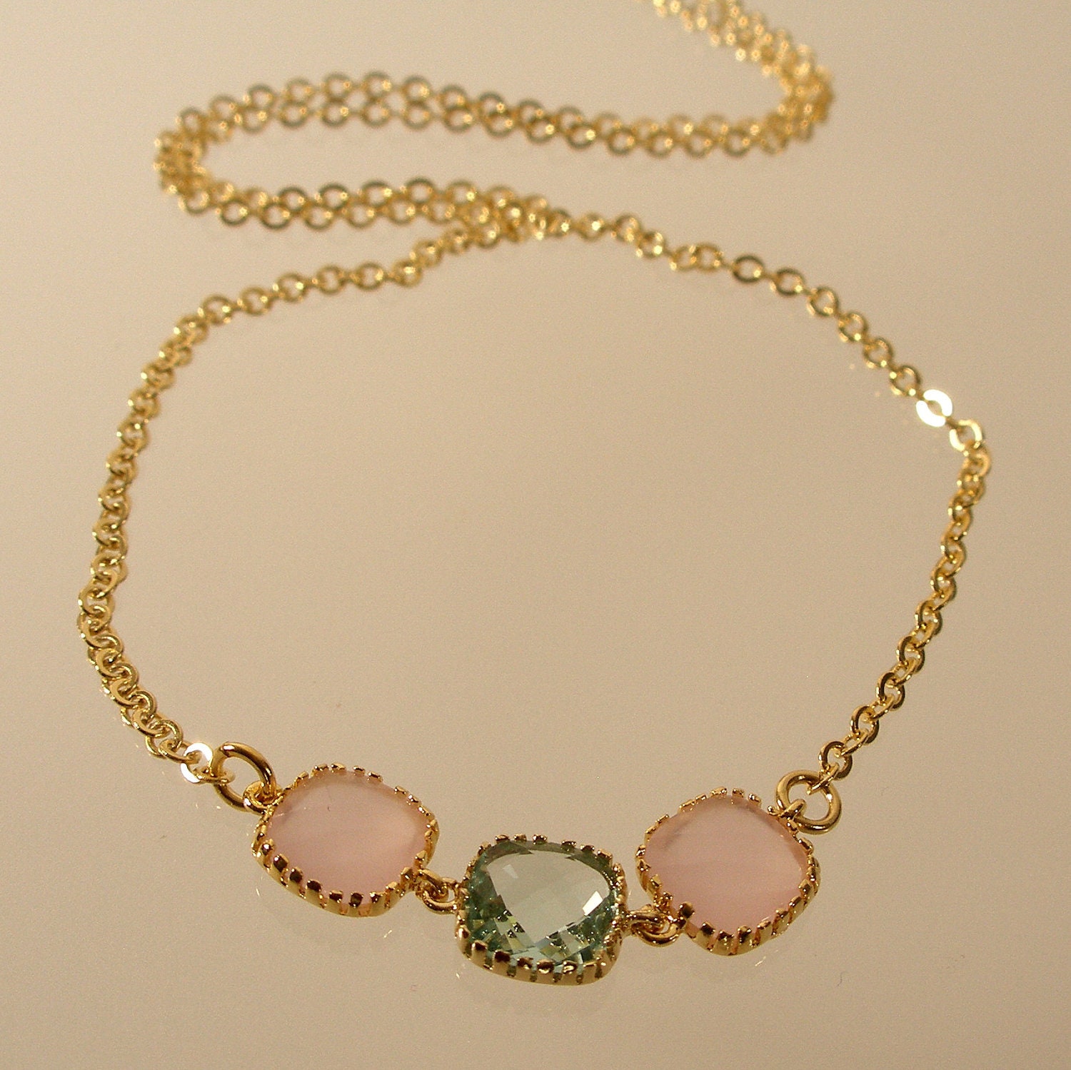 Pink Ice and Prasiolite Square Glass Gold Necklace, Bridesmaid Necklace, Wedding Necklace (3138W)
