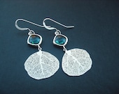 Bridesmaids gift, Wedding Gift, blue zircon bezel and matte filigree leaf  earrings - Sterling silver ear wires