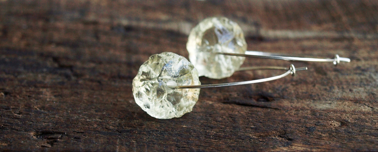 Lemon Quartz Earrings in Sterling Silver Hoops - Organic Look Jewelry