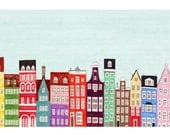 Combined Colorful European Buildings Skyline Mega Illustration Fine Art Poster Print: Scandinavian, Copenhagen, Amsterdam, Venice, Stockholm