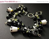 SUMMER SALE - Penguin Bracelet. Penguin Charm Bracelet in Black and White with Lampwork Beads. Handmade Artisan Jewelry,