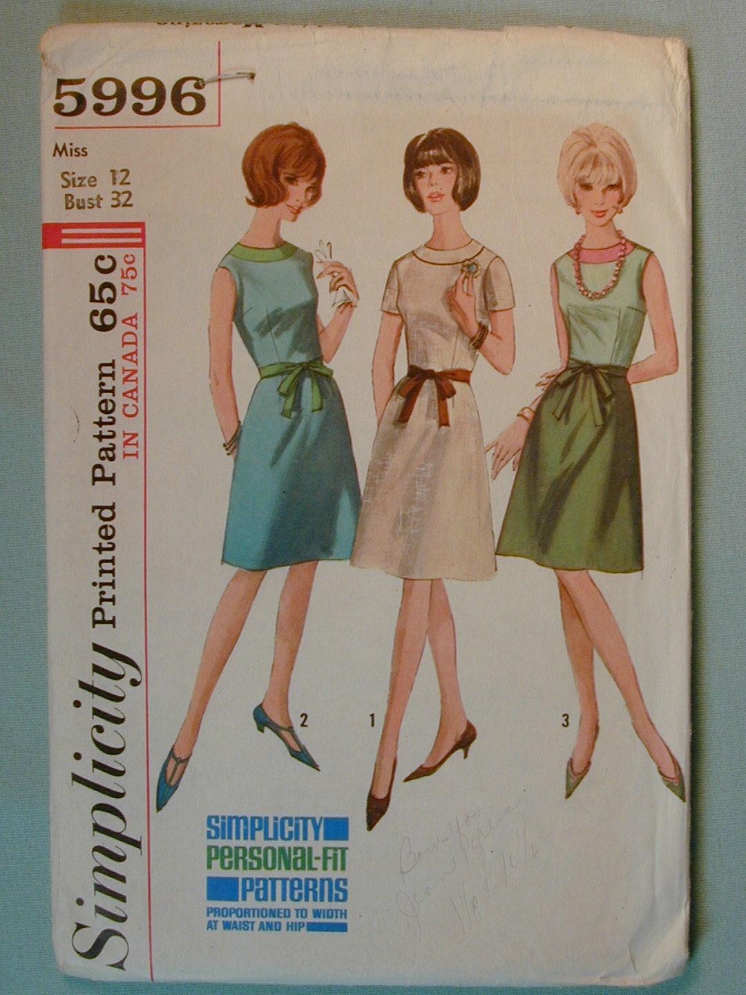 Vintage 1965 Simplicity Dress Pattern Size 12 Miss Womens 5996