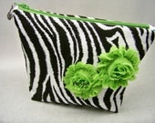 Cosmetic Tote Bag - Zebra Colors in Lime - Shabby Chic Flower Embellishments - Ready To Ship - Clutch Bag