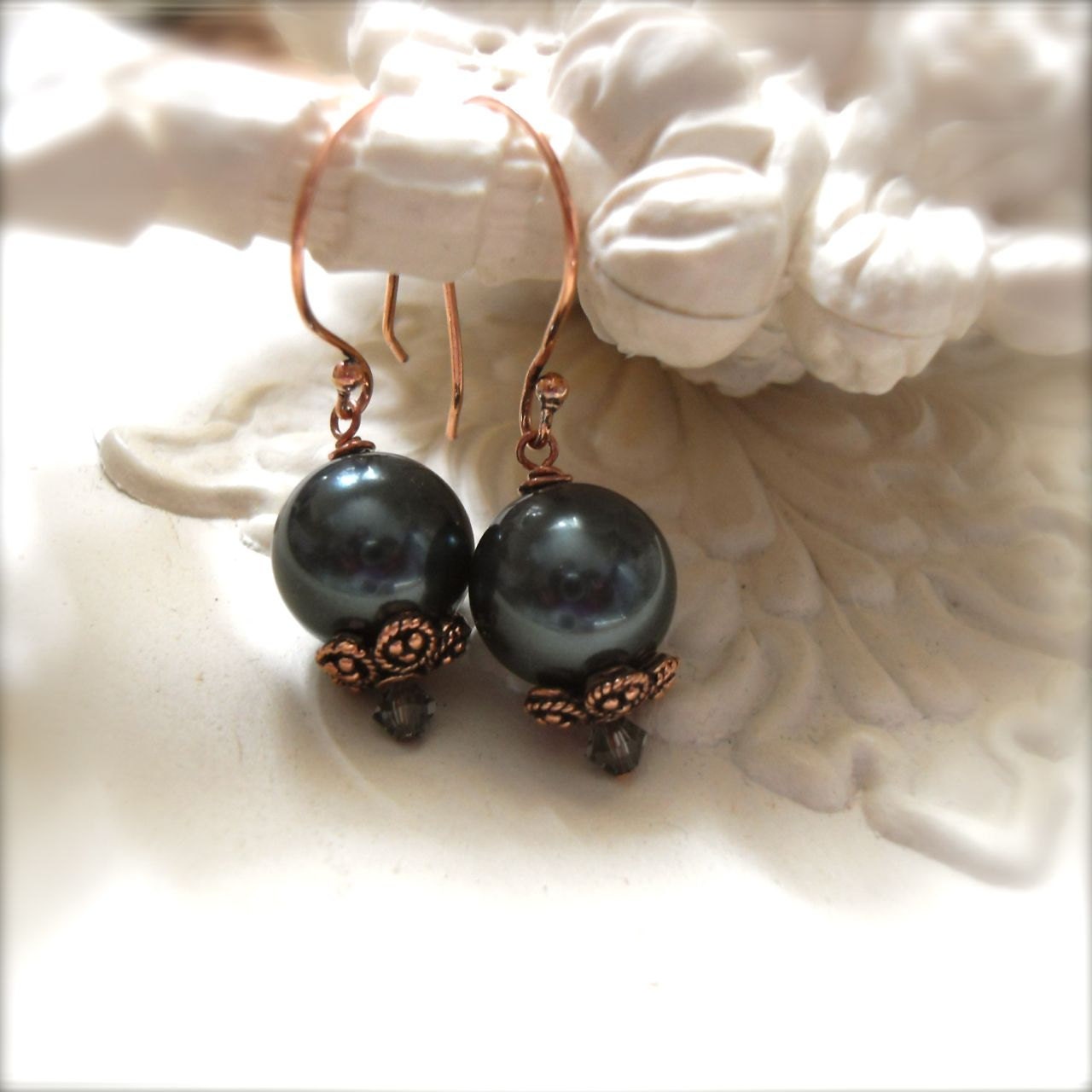 Faux Pearl Dangle Earrings Swarovski Earrings Dark Gray Copper Ear Wires Jewellery Earrings - Copper Harvest