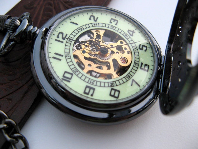 Black Archaize Mechanical Pocket Watch with Pocket Watch Chain, Glow in the Dark - Victorian Steampunk Era - Watch - Groomsmen - Item MPW133