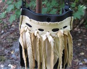 Black Leather and Cream Deerskin Shoulder Bag Hip Bag
