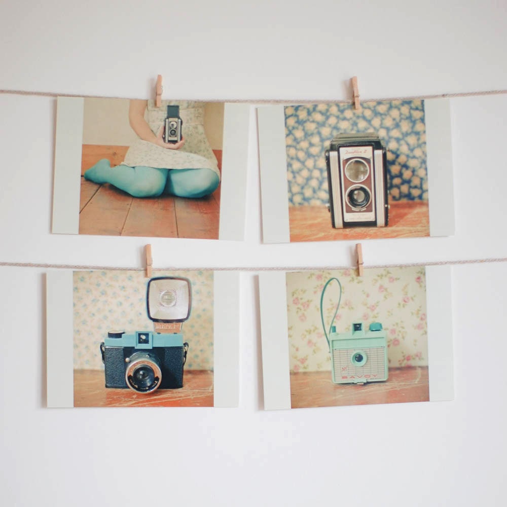 Happy - Camera photography, female portrait, retro postcards, affordable art, floral, mint, black - Set of Four Postcards