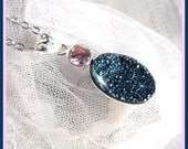 Pink Kunzite - Dark Blue Druzy Crystal - Sterling Silver - Necklace  DC 8311