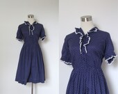 1950s Dress / 50s Polka Dot Ruffled Dress / Blue and White (large L)
