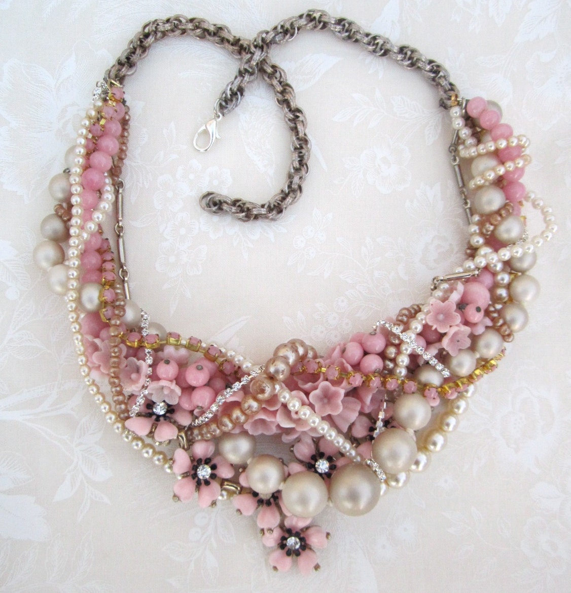 Pink Statement Necklace Pearl Necklace Chunky Statement for Vintage Wedding With Vintage Flowers Twisted - Rethink Pink