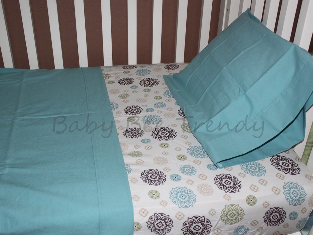 Ready To Ship... Aqua Damask Medallion Toddler Bedding and Crib Sheet Set, 3 pieces