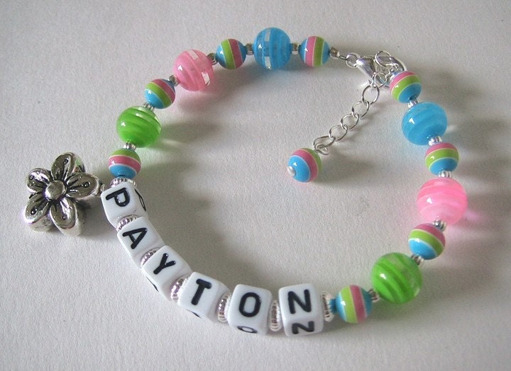 Pink, Green, and Blue Personalized Child Name Bracelet B110