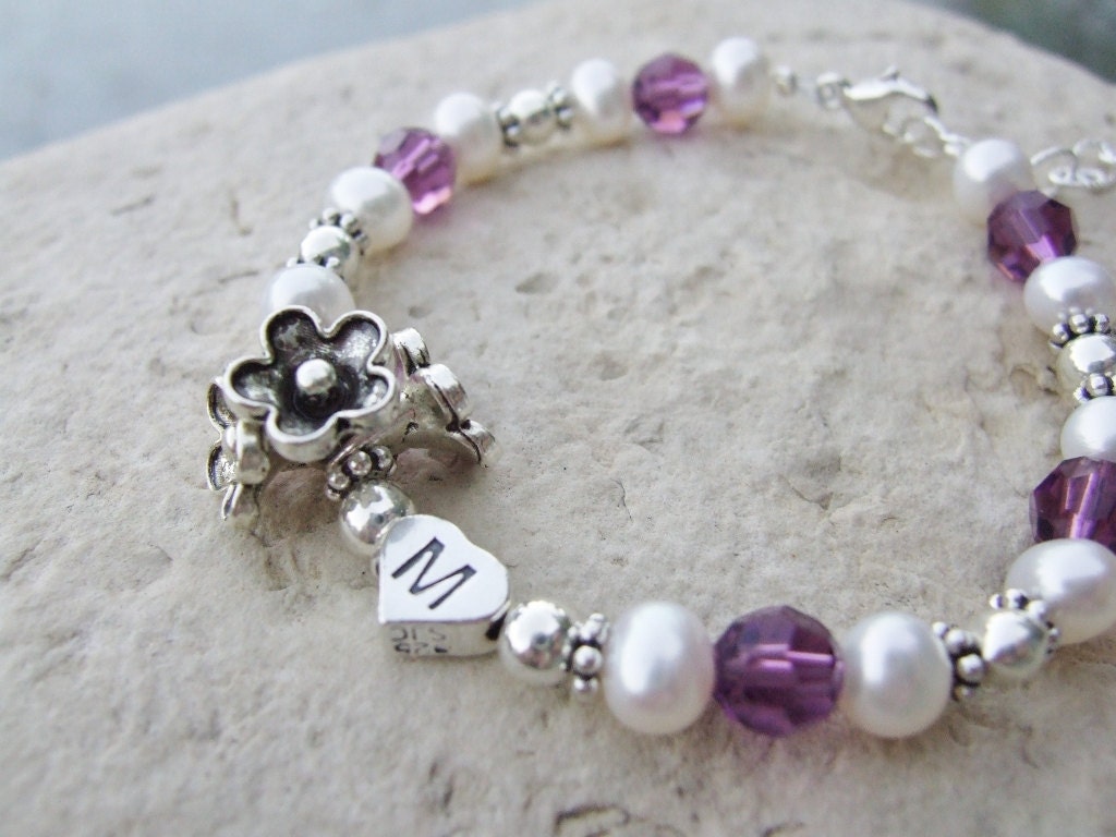 Sterling Heart Initial, Swarovski and Freshwater Pearl Baby Child Bracelet B132