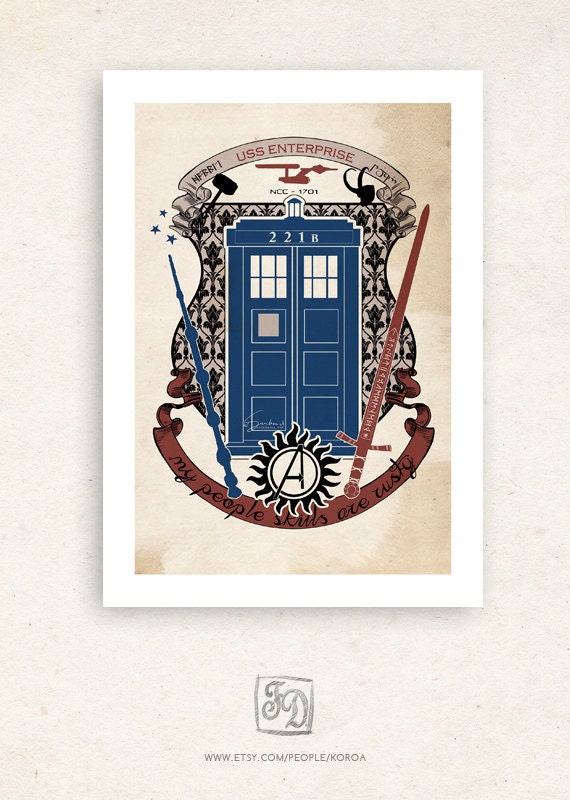 crest of the knight of fandom small print / Supernatural, Doctor Who, Sherlock, Avengers, Potter, Star Trek, Merlin, Hobbit