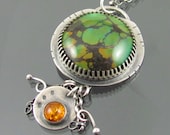 Turquoise and amber sterling silver flourish necklace - green turquoise necklace - amber necklace - sterling silver necklace - ooak necklace