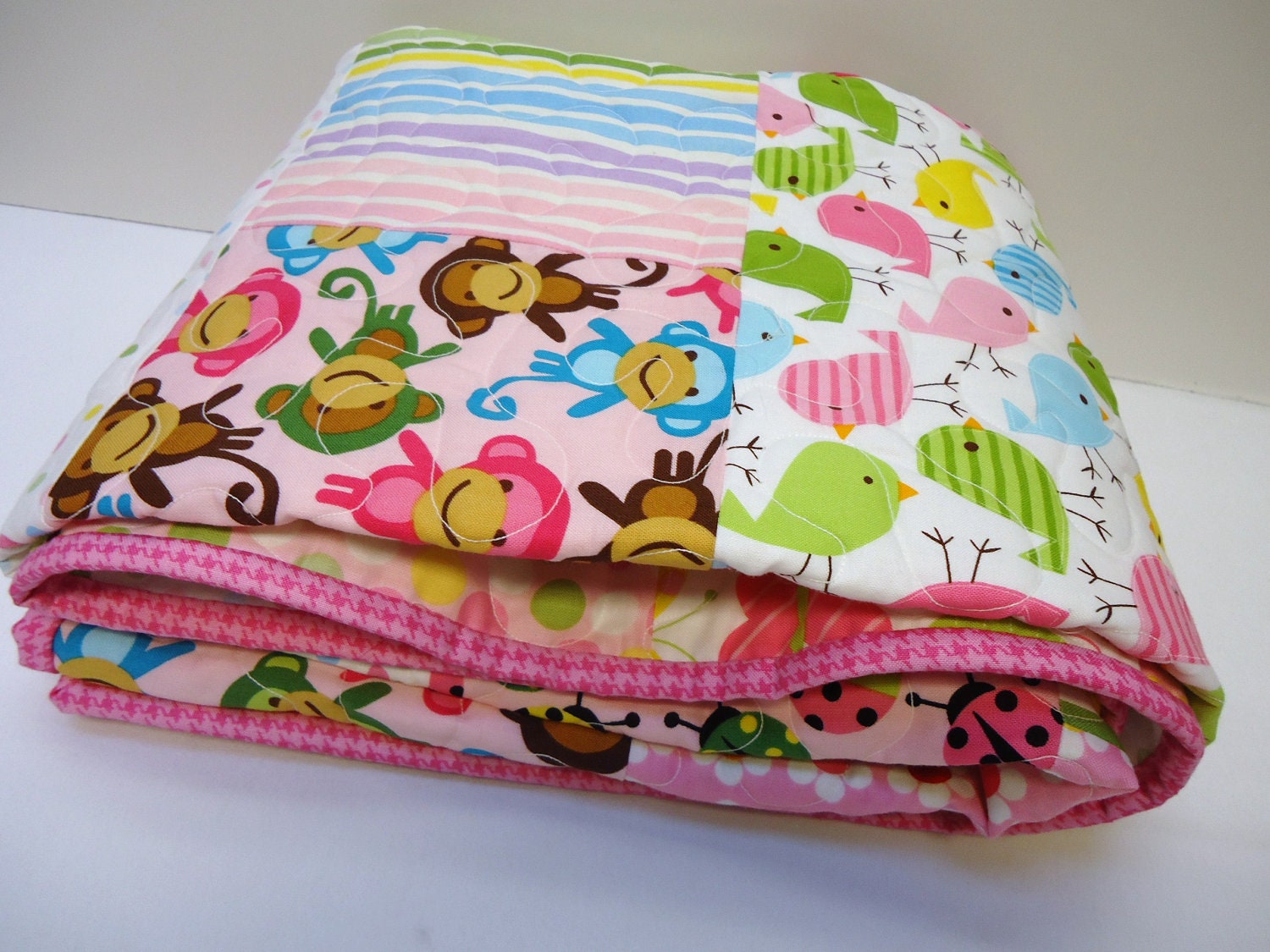 Baby Bedding Quilt, Crib Quilt Baby Girl Quilt - Urban Zoologie -Monkeys, Birds, Animals, Pink, Brown