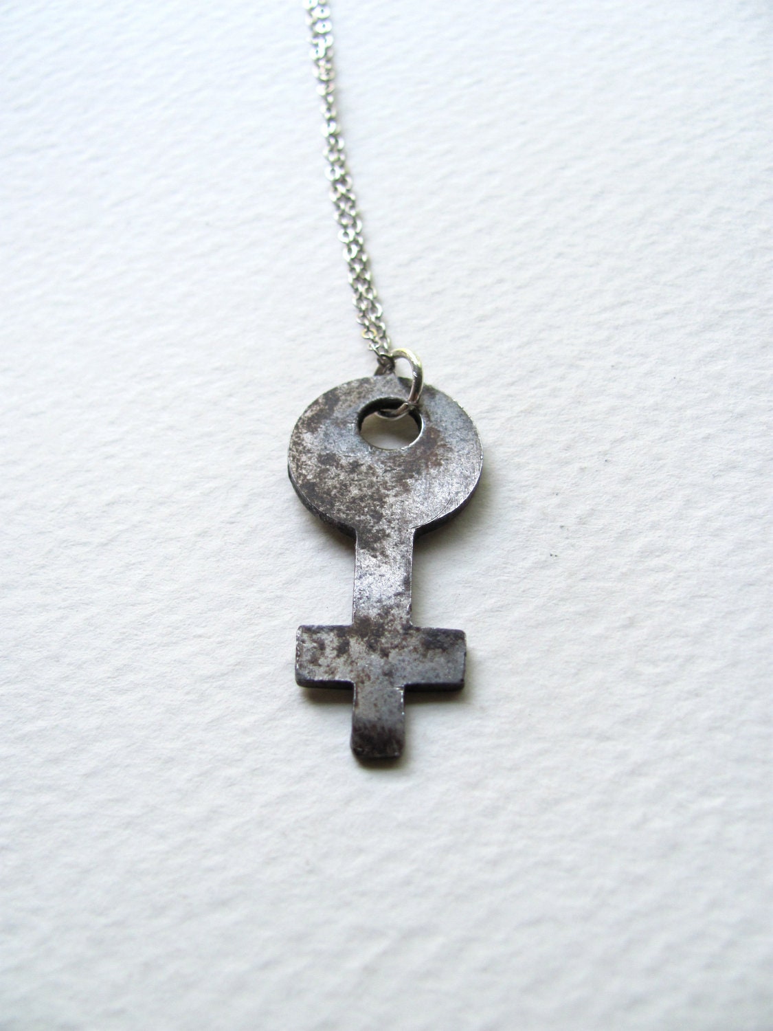 Antique silver skeleton cross key necklace on sterling plated chain, one of a kind