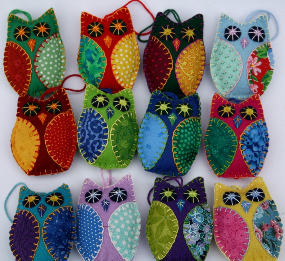 Colourful owl ornaments. 3 patchwork felt owls