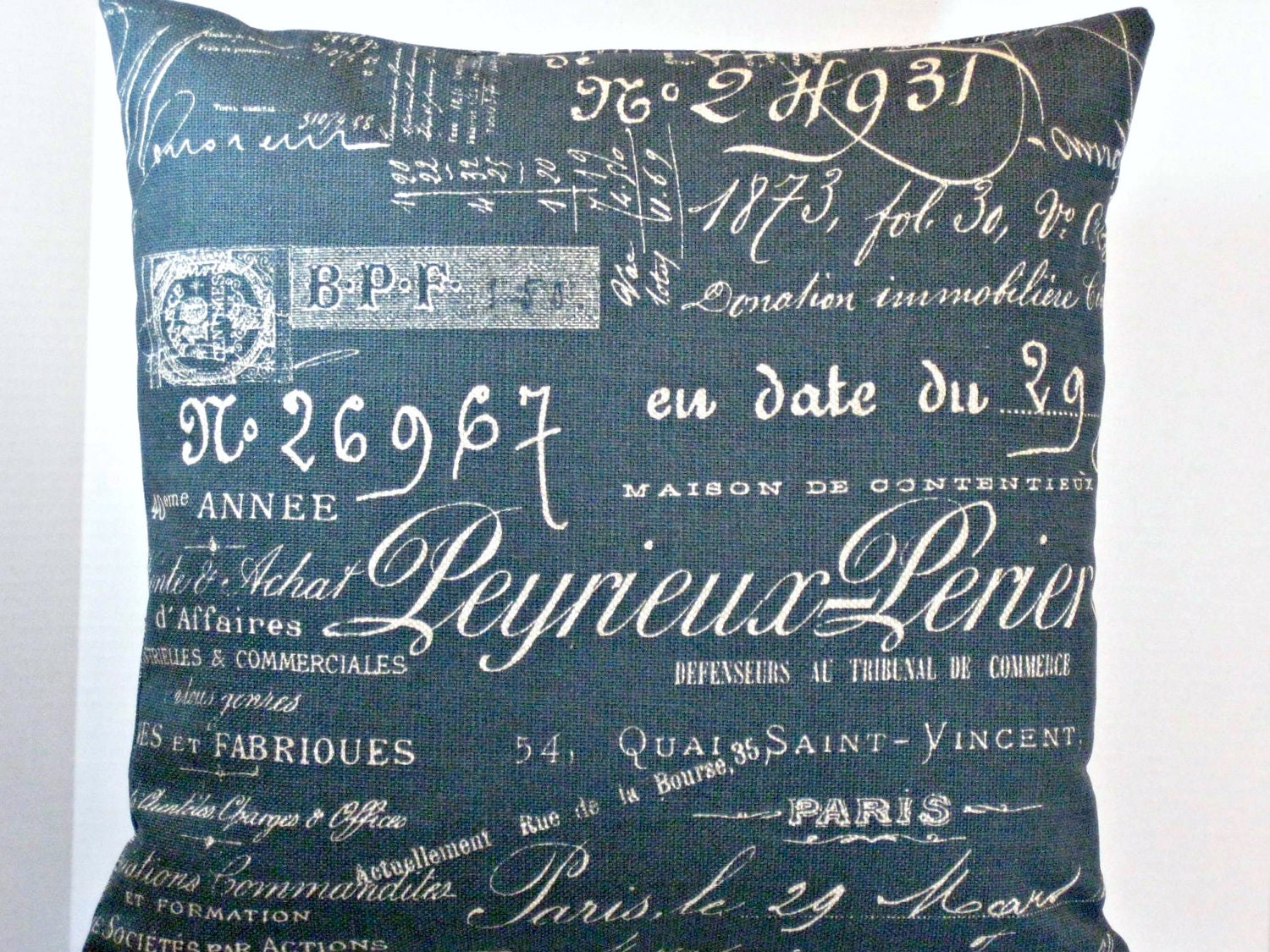 Pillow Blue Ink Paris Document French Script Fabric 16 by 16 Inches