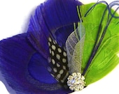Peacock Hair Fascinator SWEET TART Blue and Lime for Bride or Bridesmaids with Rhinestone