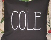 Personalized Name Pillow Cover 18" x 18" Black Cotton Fabric with White Embroidery