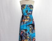 1940's Strapless Dress - Vintage Novelty Print of Ocean Scene Rayon Beach Wedding Dress