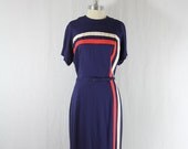 1950s Vintage Dress - Navy Blue with Red and White Asymmetric Stripes Pencil Skirt Day Dress