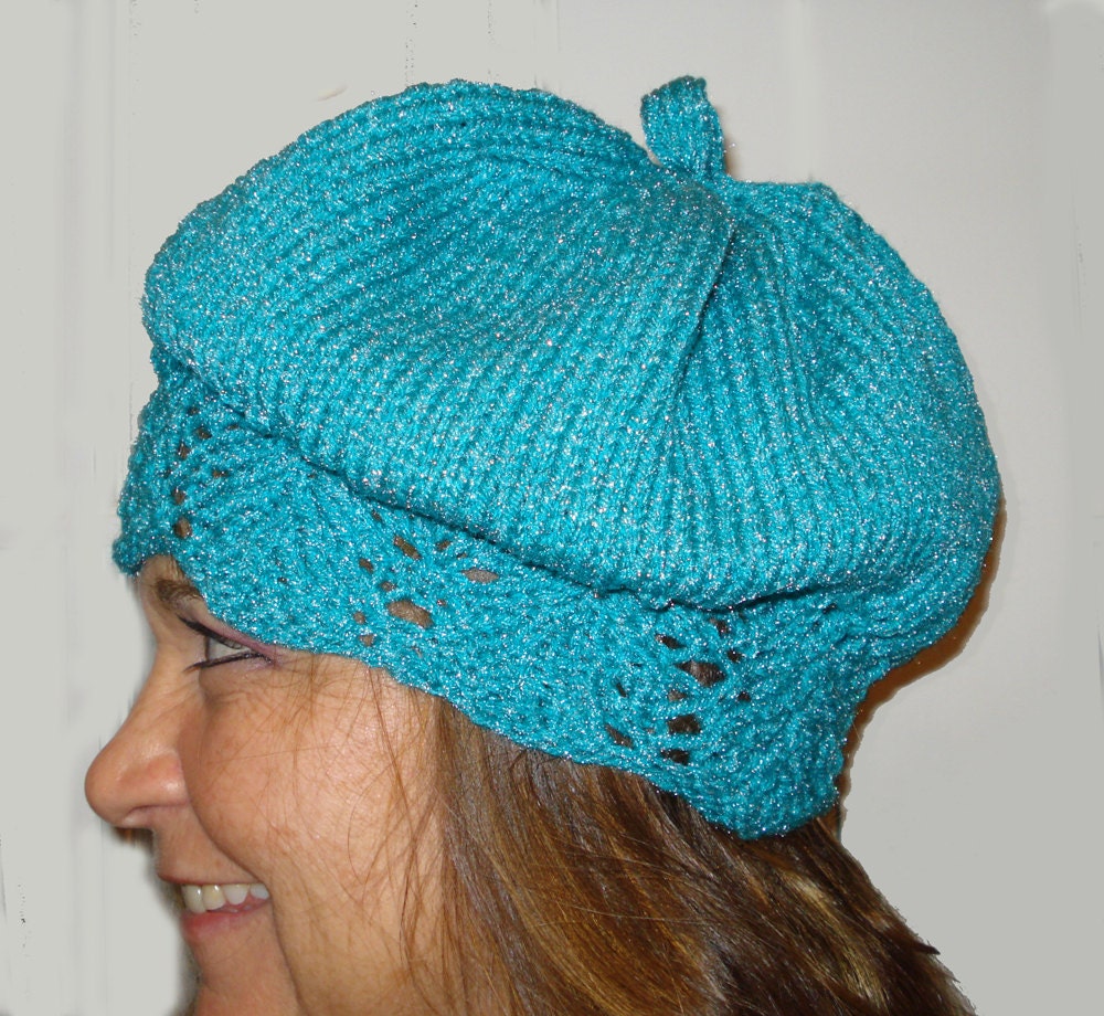 Slouch Beret Hat with Knit Lace Edge Feminine Teal