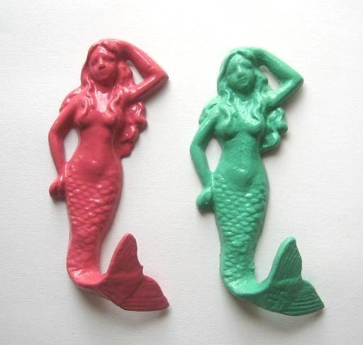 Mermaid hook / Towel Hook / Bathroom Wall Decor / Beach Decor / Cast Iron Hook / Bright Wall Decor / Shabby Chic Decor/Set of Two