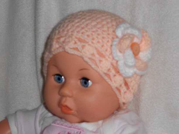 Infant Girls Peach Cloche Flowered Beanie Hat, 15"