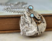 steampunk necklace - ONCE UPON a TIME - antique 1900s Waltham watch movement necklace with castle and Swarovski aqua color rhinestones