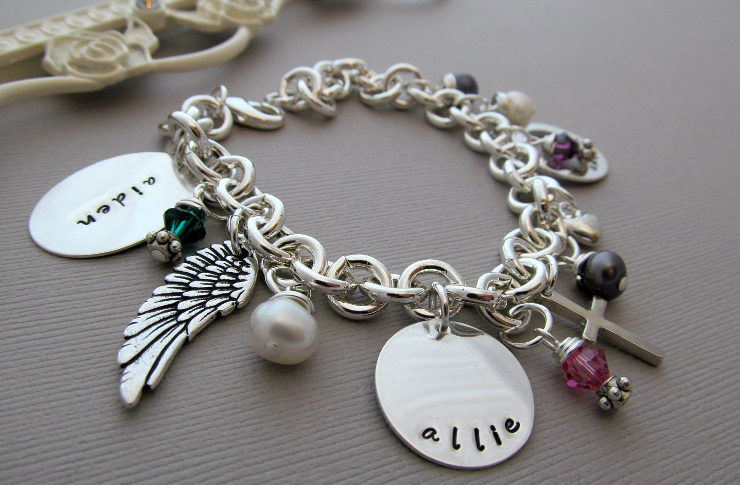 Hand Stamped Personalized Bracelet, Mommy Charm Bracelet, Bracelet with Angel Wing and Cross