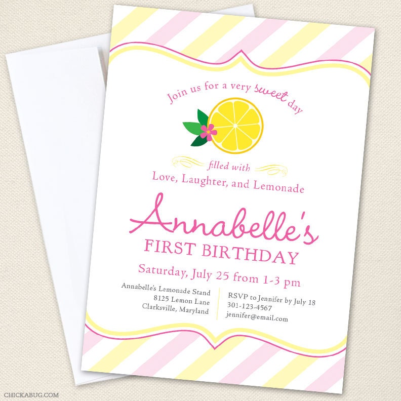 Pink Lemonade party - Set of 15 custom invitations - Printable file also available