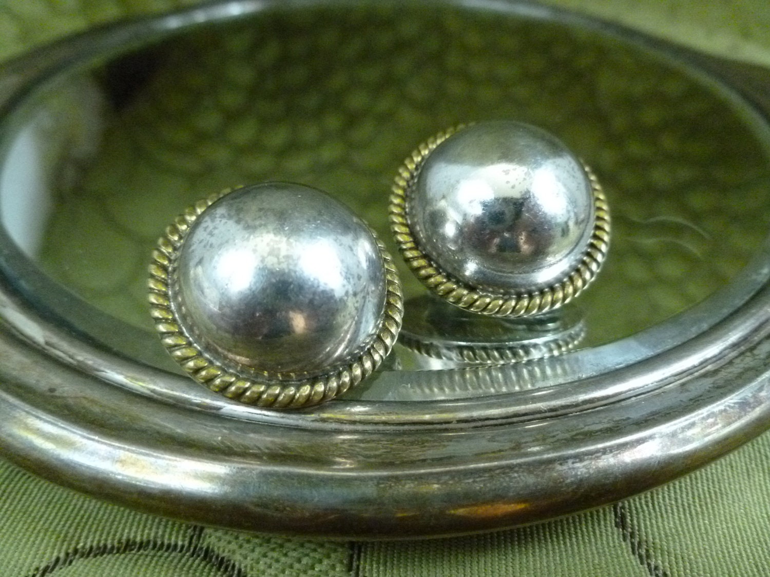 Mexican silver domed earrings with gold rope accents
