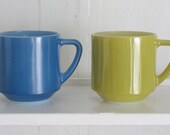 Vintage Federal Glass Mugs: Set of Two Stacking Milkglass Cups, Green and Blue Coffee Cups, Vintage Kitchen