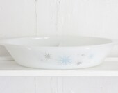 Vintage Milk Glass Divided Dish: White Milkglass Divided Casserole Serving Dish, Pale Blue and Gray Star Pattern