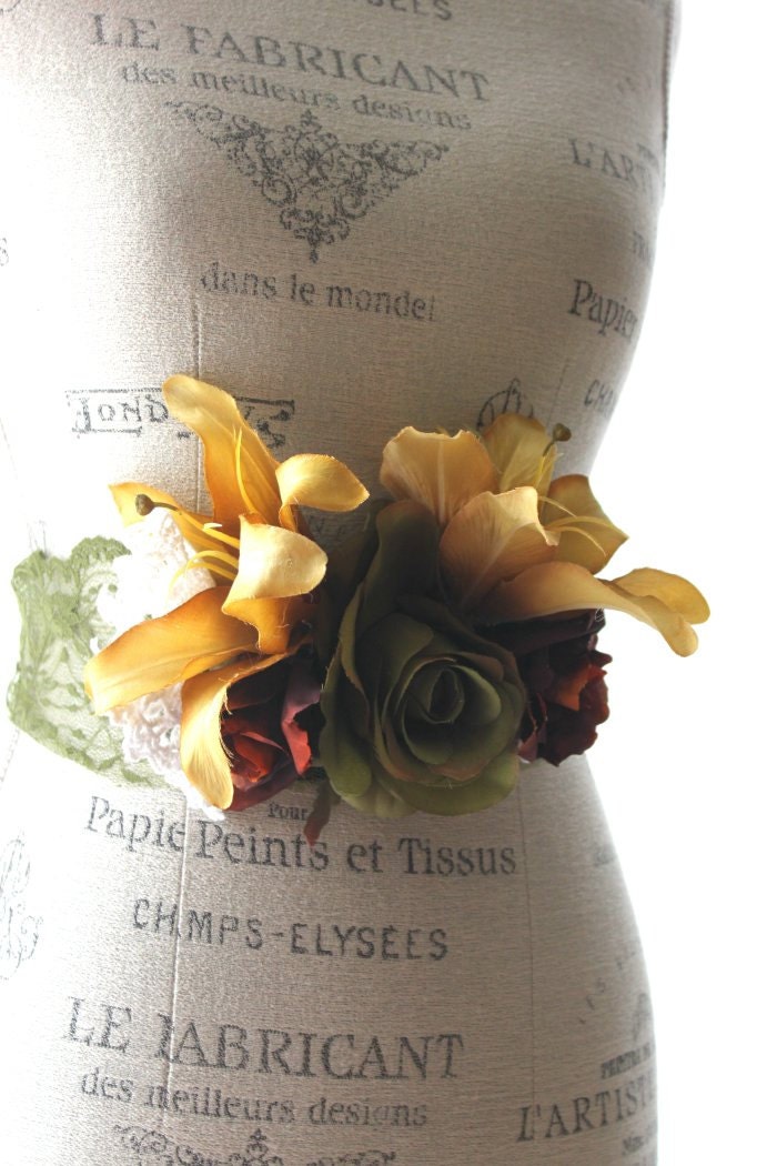 lace belt, rose flower sash, cottage moss green, shabby floral, women accessories, french country belt, romantic