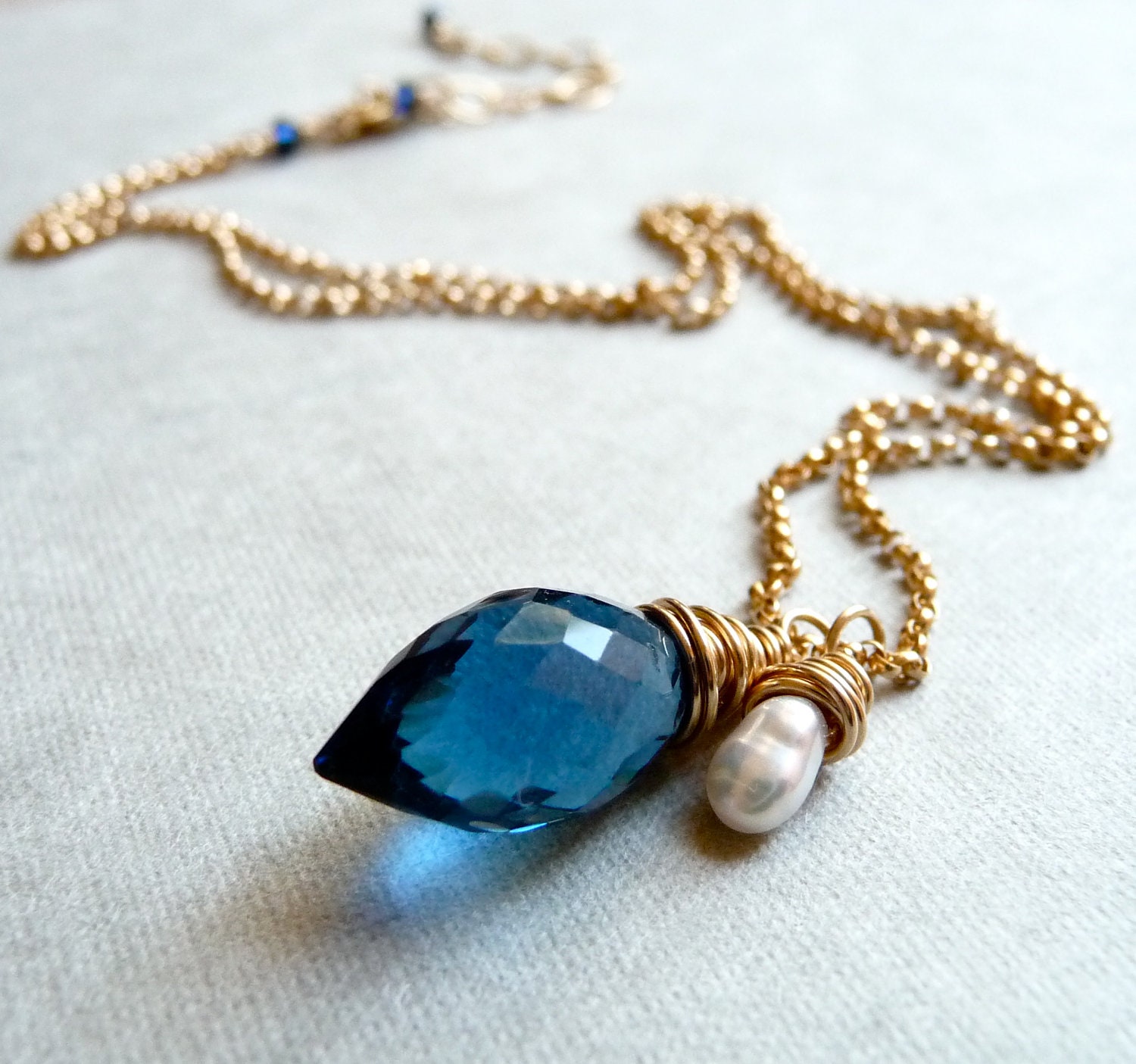 Blue Quartz Necklace, Cobalt Blue Quartz and Freshwater Pearl Necklace, Gold Filled Chain Necklace, Holiday Jewelry - karinagracejewelry
