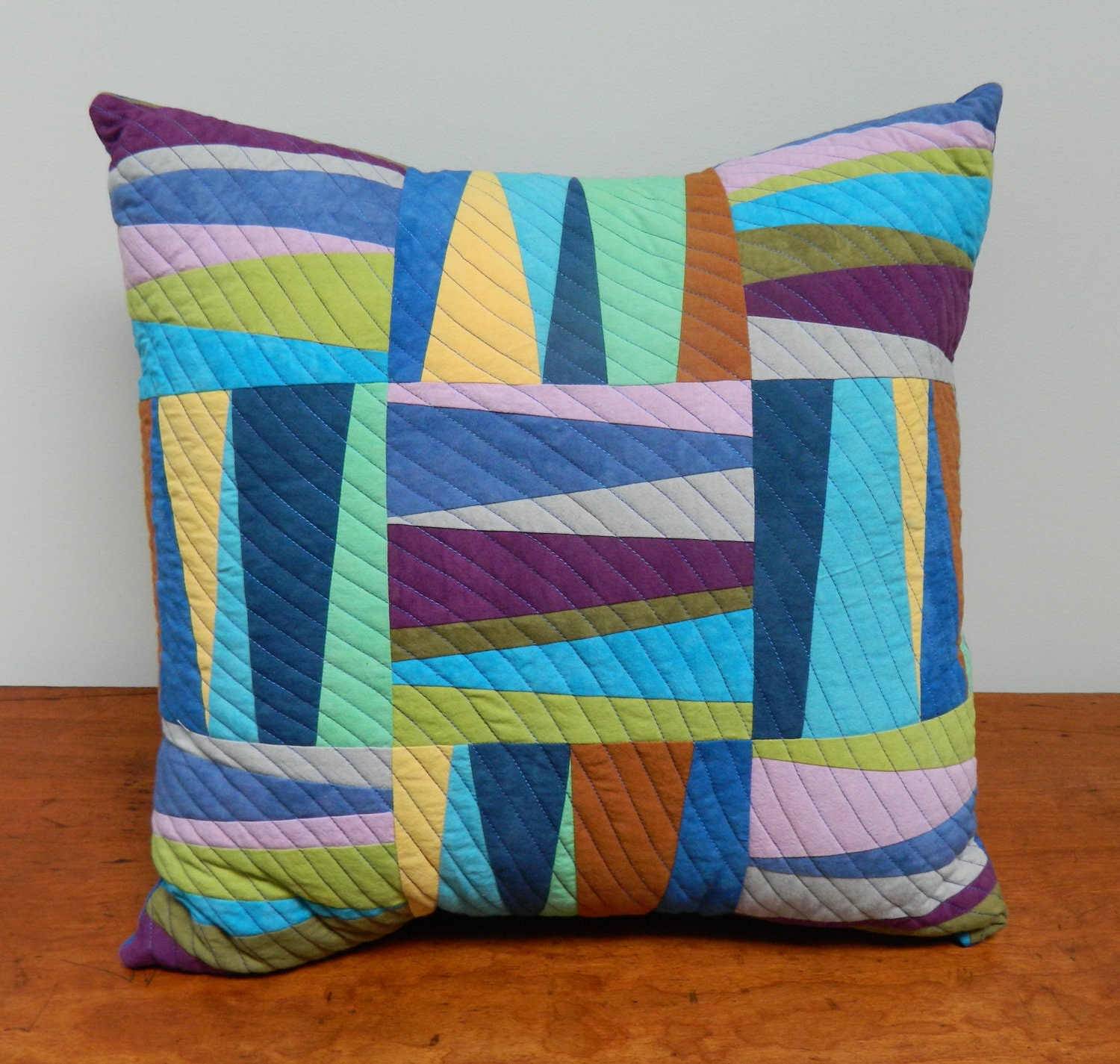 Blue and Purple Patchwork Quilted Pillow