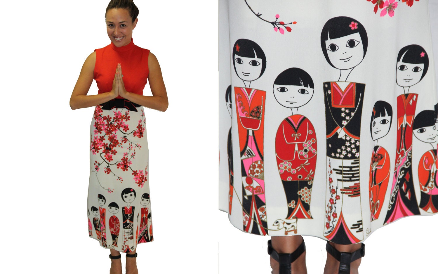 ALFRED SHAHEEN Kokeshi Doll Border Print - Vintage Dress