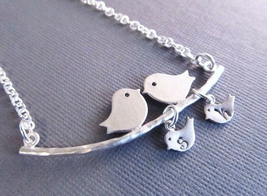Mother Necklace, Silver Love Birds with Baby Bird Initial Charms, Personalized Necklace, Gift for Mom, Family Jewelry