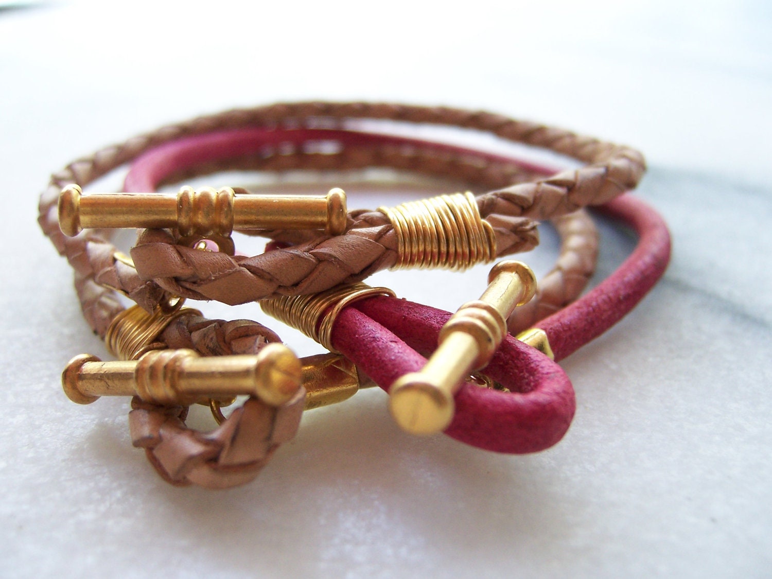Friendship Bracelet, Pink, Nude, Black, Turqouise, Cognac Leather Wrap Bracelets, Wire Wrap with Gold   10.00 each