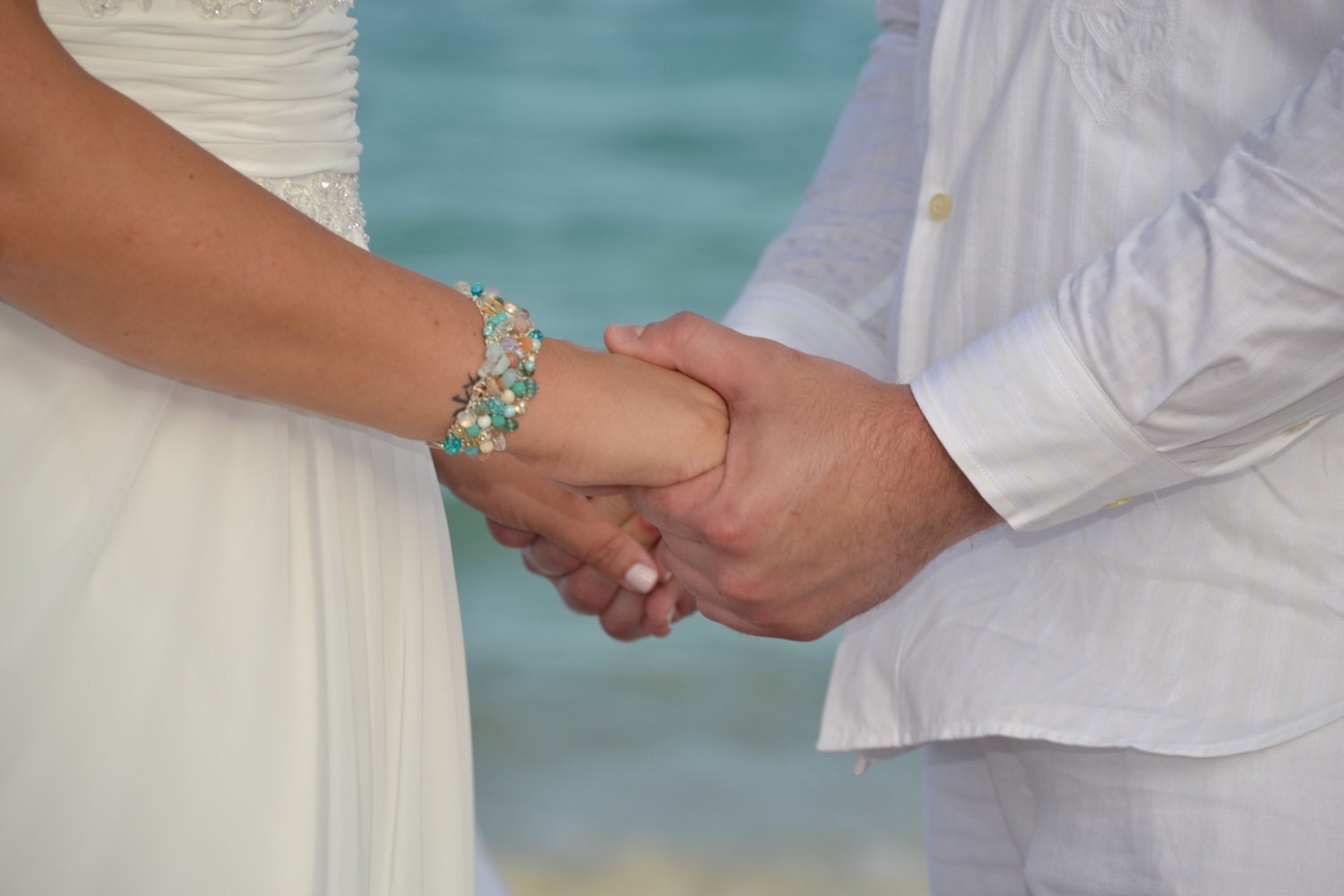 Destination Beach Wedding, Bridal, Bridesmaids, TROPICAL ISLANDS Sea Foam, 1" Wide Cuff Bracelet, Crystal, Semi Precious, Hand Knit
